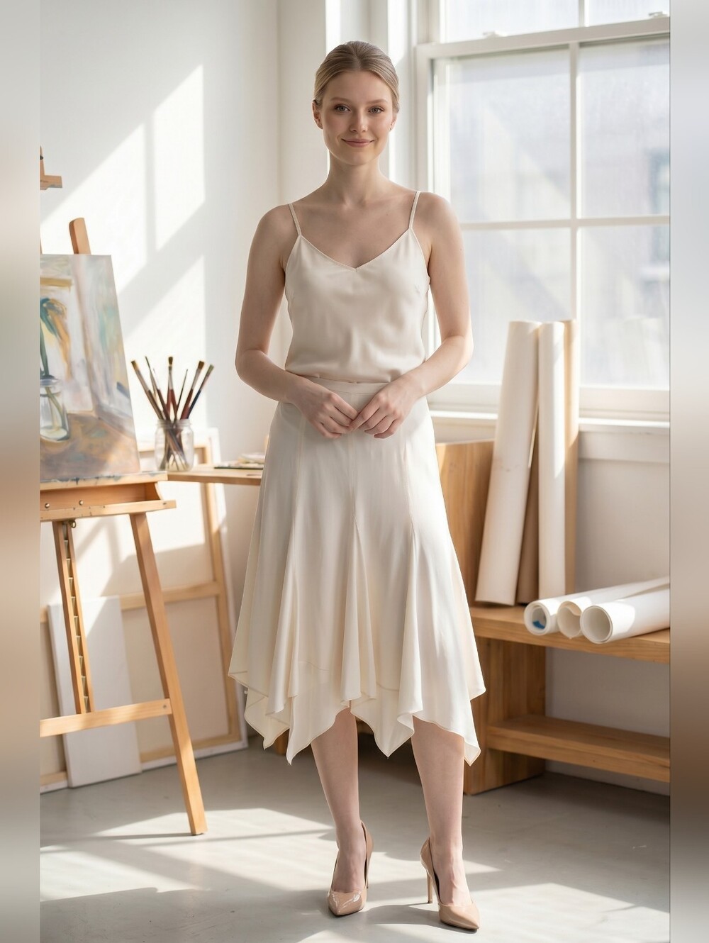 Armani Collezioni Cream Silk Asymmetrical Handkerchief Hem Skirt Size 4, Italy
